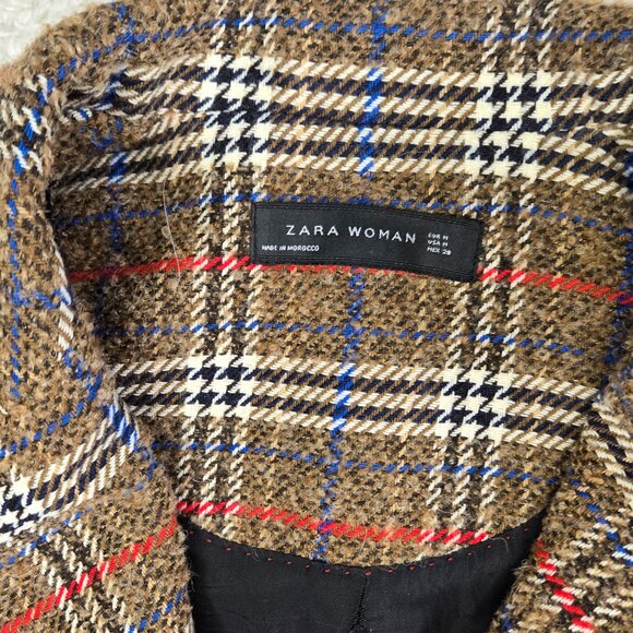 ZARA BROWN CHECKED SINGLE BREASTED WOOL & ALPACA COAT SIZE M - Picture 8 of 12